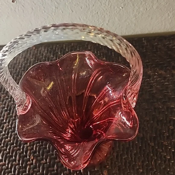 Vintage Fenton Style Glass Basket Vase Cranberry Red Burgundy Vase - Picture 2 of 10